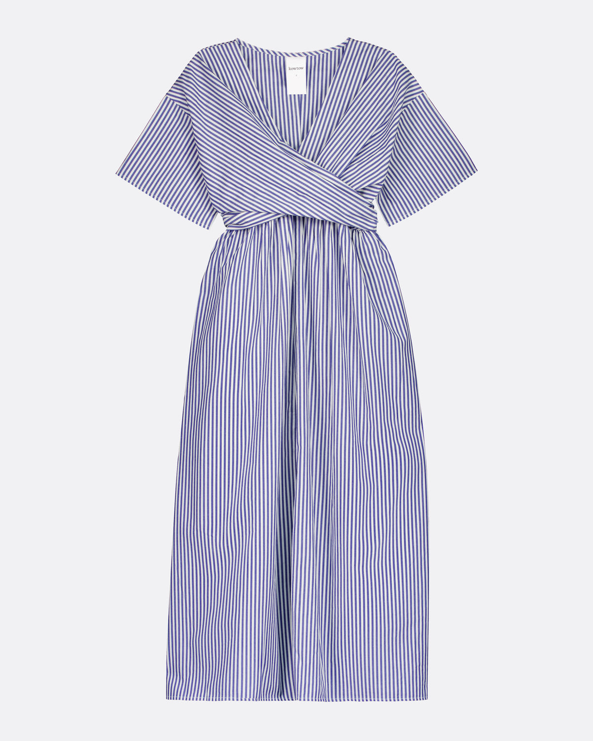 A blue and white vertically striped midi dress with a wrap-style V-neck, short sleeves, and a self-tie waist belt, shown against a light gray background.