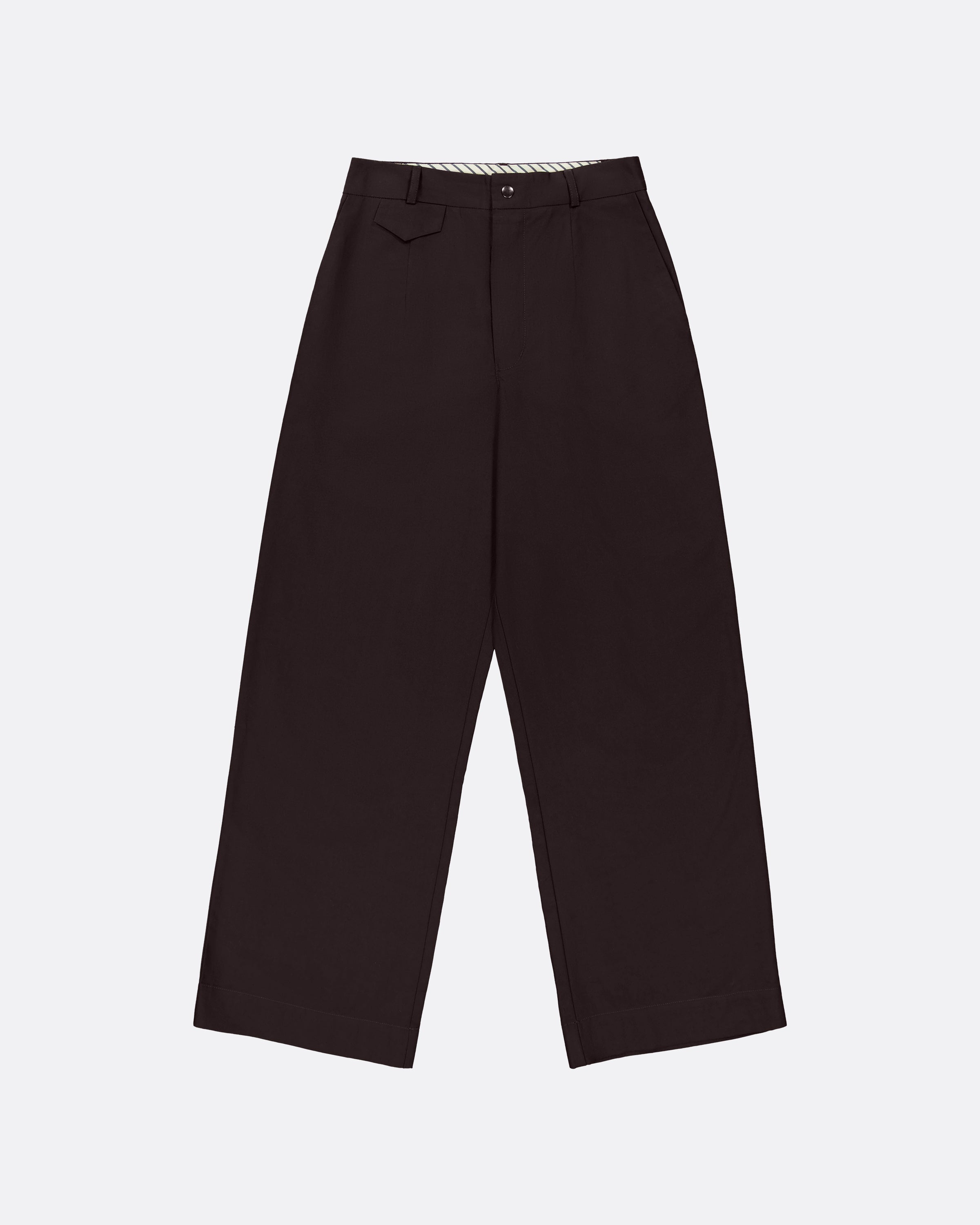 Dark brown wide-leg cropped trousers with a subtle striped inner waistband, displayed flat against a light gray background.