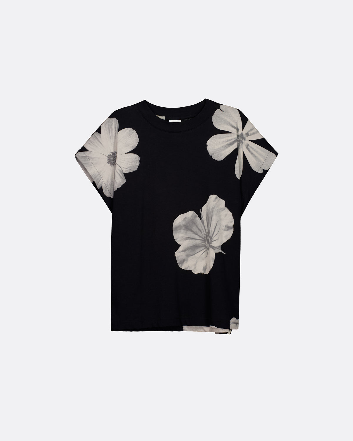 A black short-sleeve t-shirt with a white floral print, displayed flat against a light gray background.