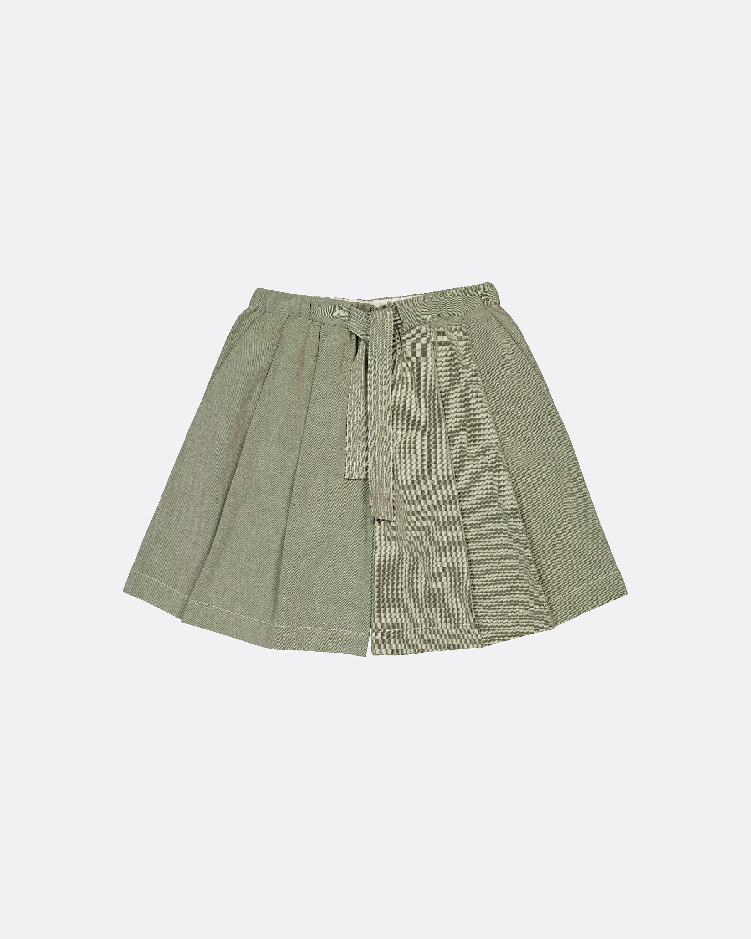 An olive green pleated skirt with a matching fabric tie belt, displayed flat against a light gray background.