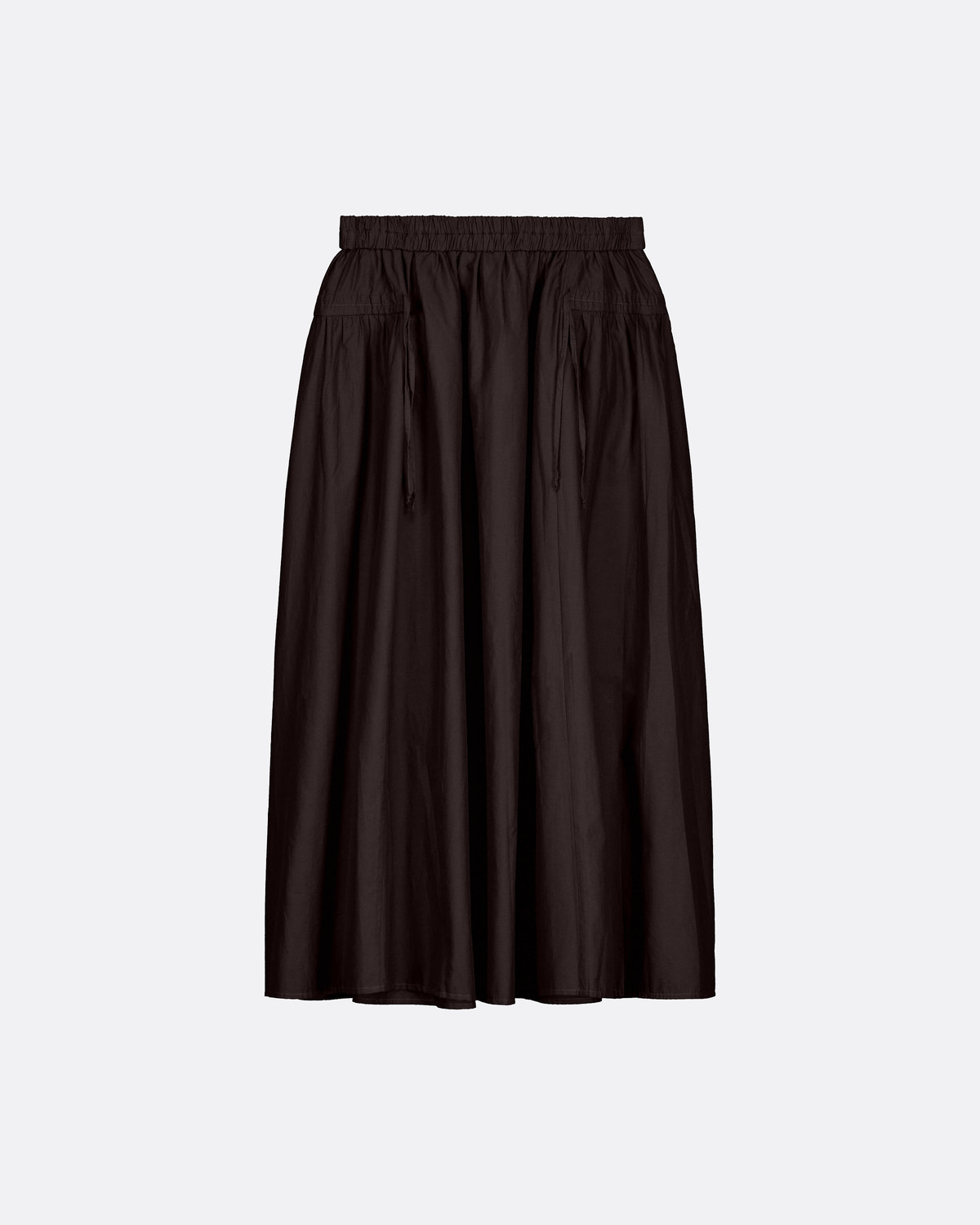 A dark brown A-line midi skirt with an elastic waistband and drawstring details, shown against a light gray background.