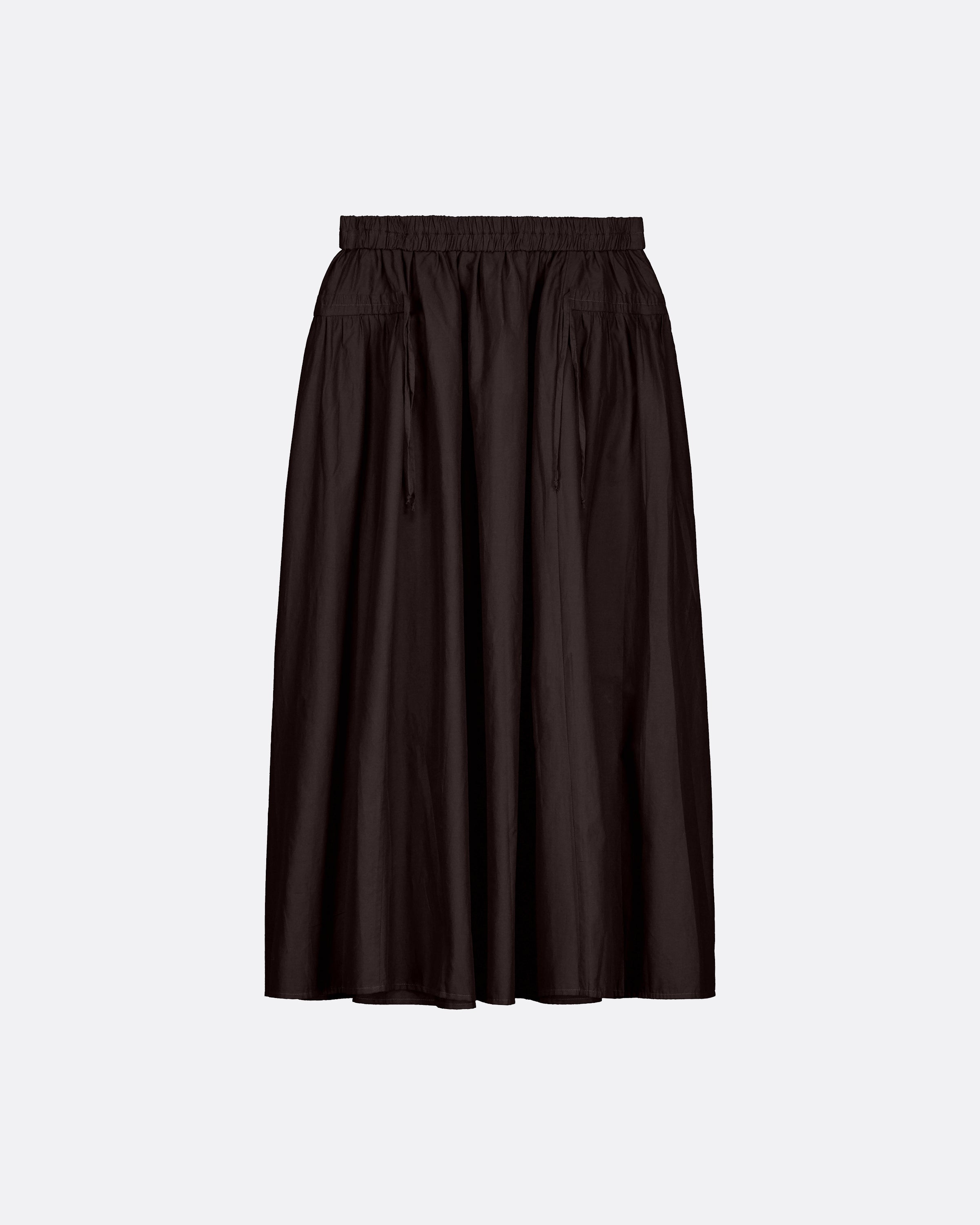 A dark brown A-line midi skirt with an elastic waistband and drawstring details, shown against a light gray background.