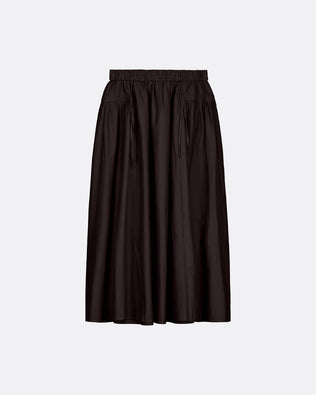 A dark brown A-line midi skirt with an elastic waistband and drawstring details, shown against a light gray background.