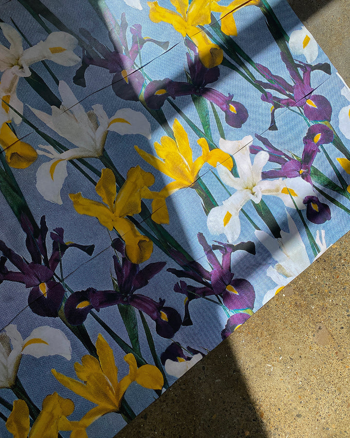 A close-up of a fabric printed with a floral pattern of yellow, white, and purple irises on a light blue background, photographed outdoors with sunlight and shadows.
