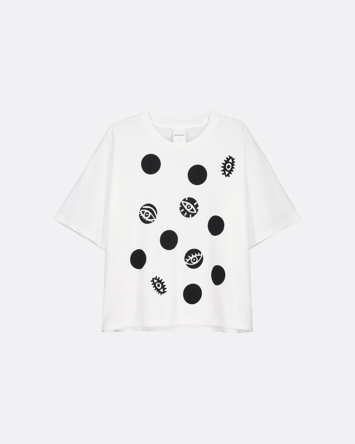 A white short-sleeve t-shirt with a black graphic print of various circular and geometric motifs, displayed on a light gray background.