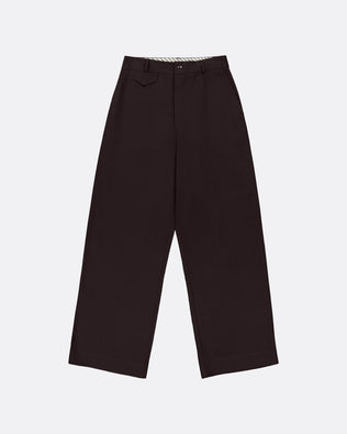 Dark brown wide-leg cropped trousers with a subtle striped inner waistband, displayed flat against a light gray background.