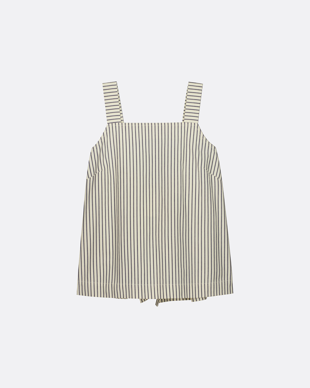A sleeveless top with thin vertical stripes in beige and black, featuring wide shoulder straps and a straight neckline, shown against a plain light gray background.