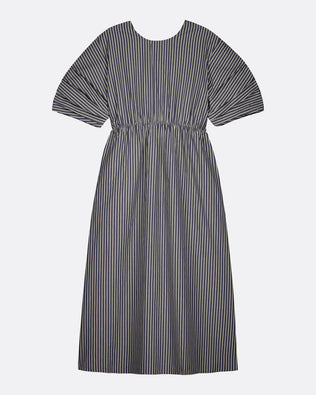 A short-sleeved midi dress with vertical black and white stripes, featuring a gathered waist and puff sleeves, shown against a light gray background.
