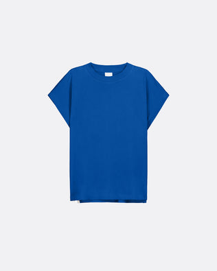 A solid blue short-sleeve crewneck t-shirt displayed flat against a light gray background.