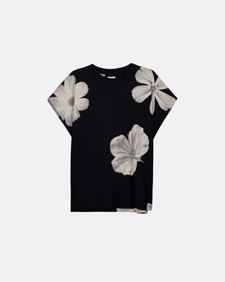 A black short-sleeve t-shirt with a white floral print, displayed flat against a light gray background.