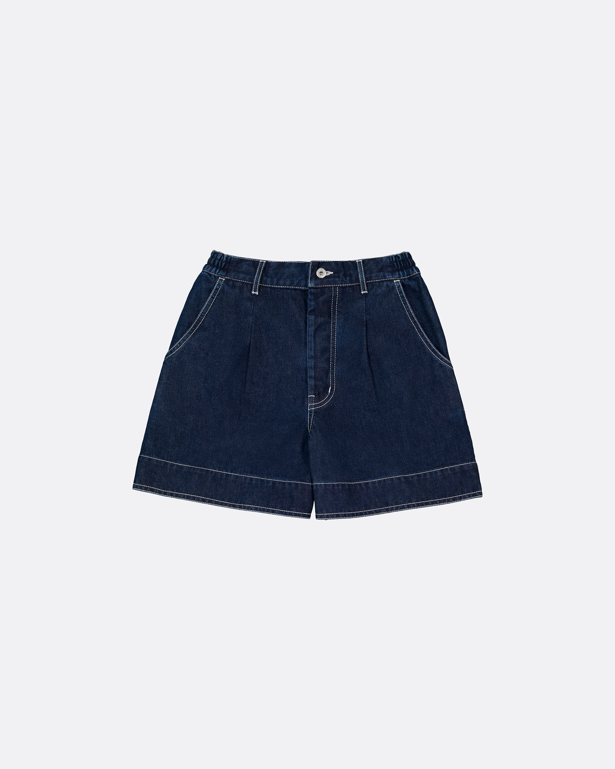 A pair of dark blue denim shorts with white topstitching and metal tack on a light grey background.