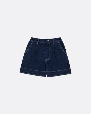 A pair of dark blue denim shorts with white topstitching and metal tack on a light grey background.