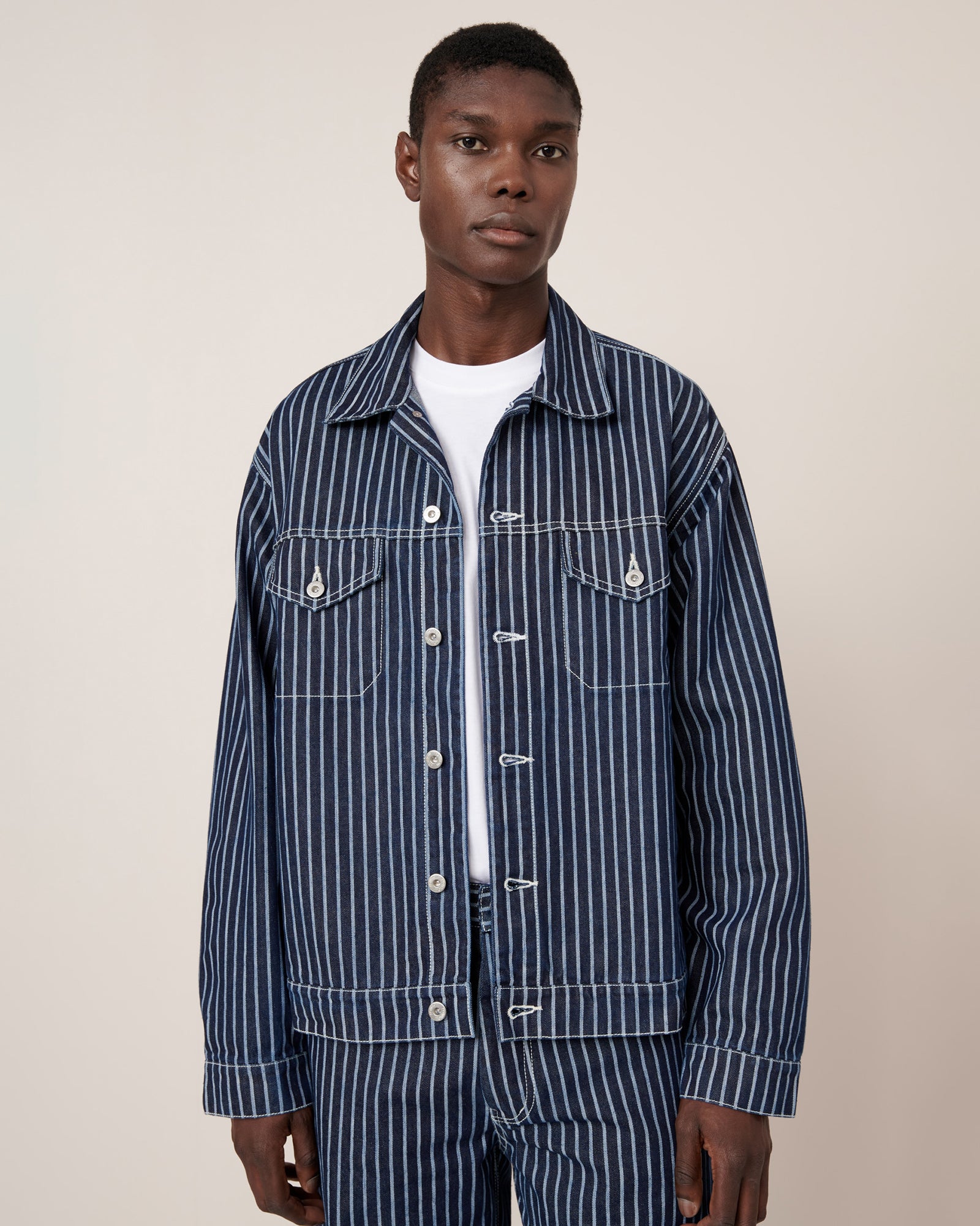 Shop Riley Jacket - Chalk Stripe | Kowtow Clothing | Kowtow Australia