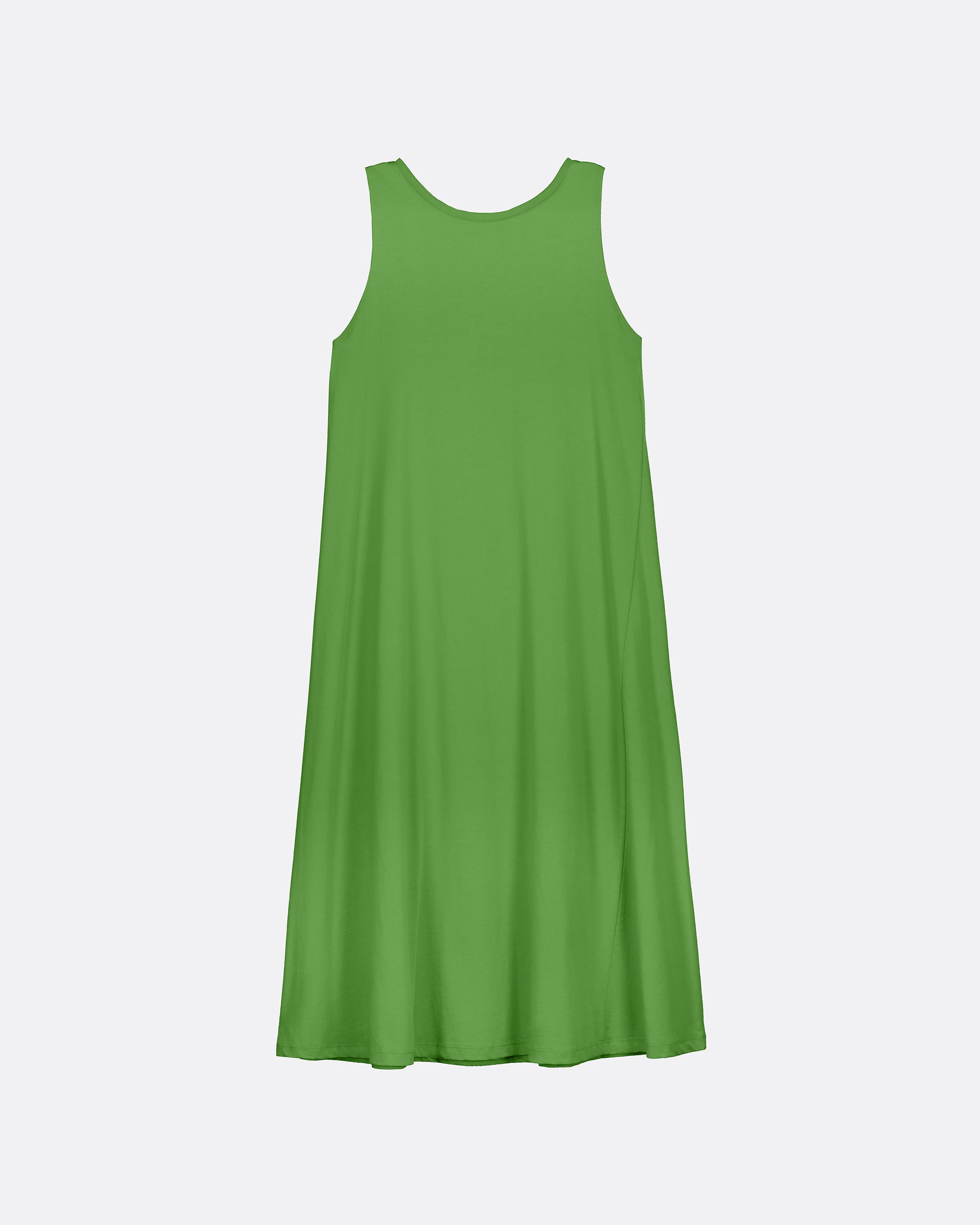 A vivid green sleeveless a-line midi dress against a grey background.