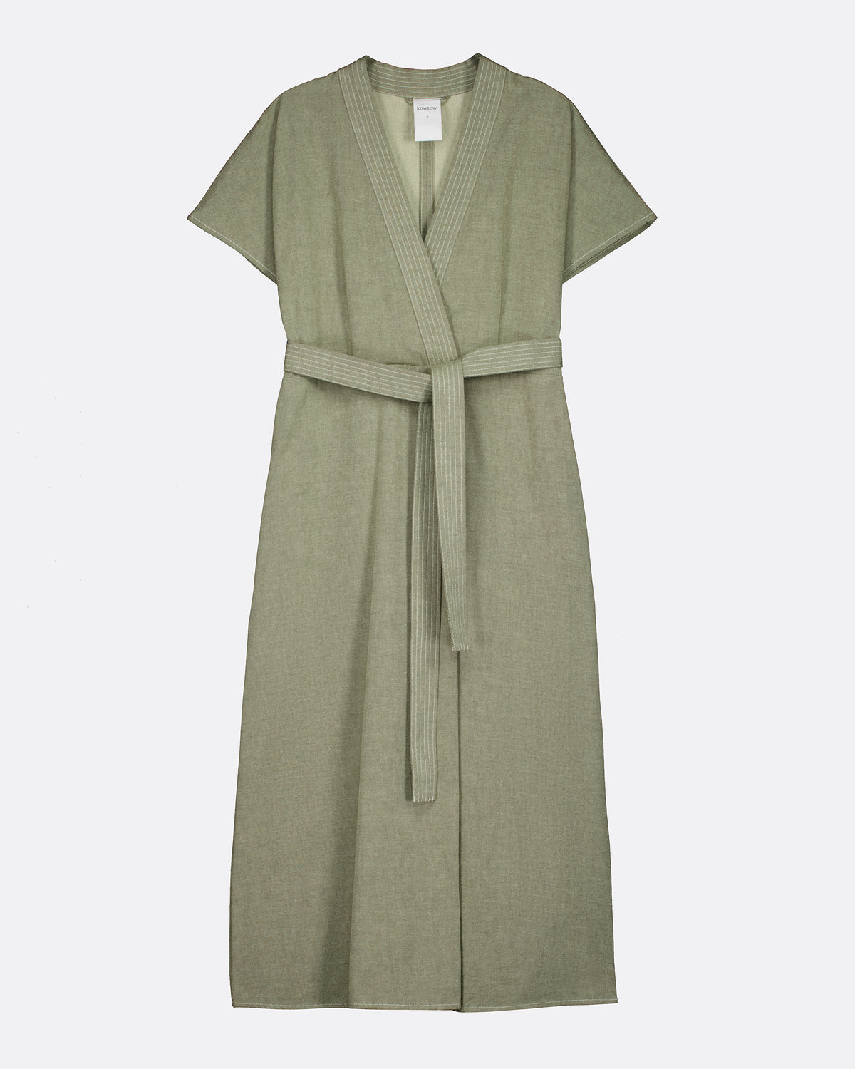 An olive green short-sleeve wrap dress with a matching tie belt, displayed flat against a light gray background.
