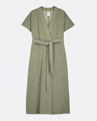 An olive green short-sleeve wrap dress with a matching tie belt, displayed flat against a light gray background.