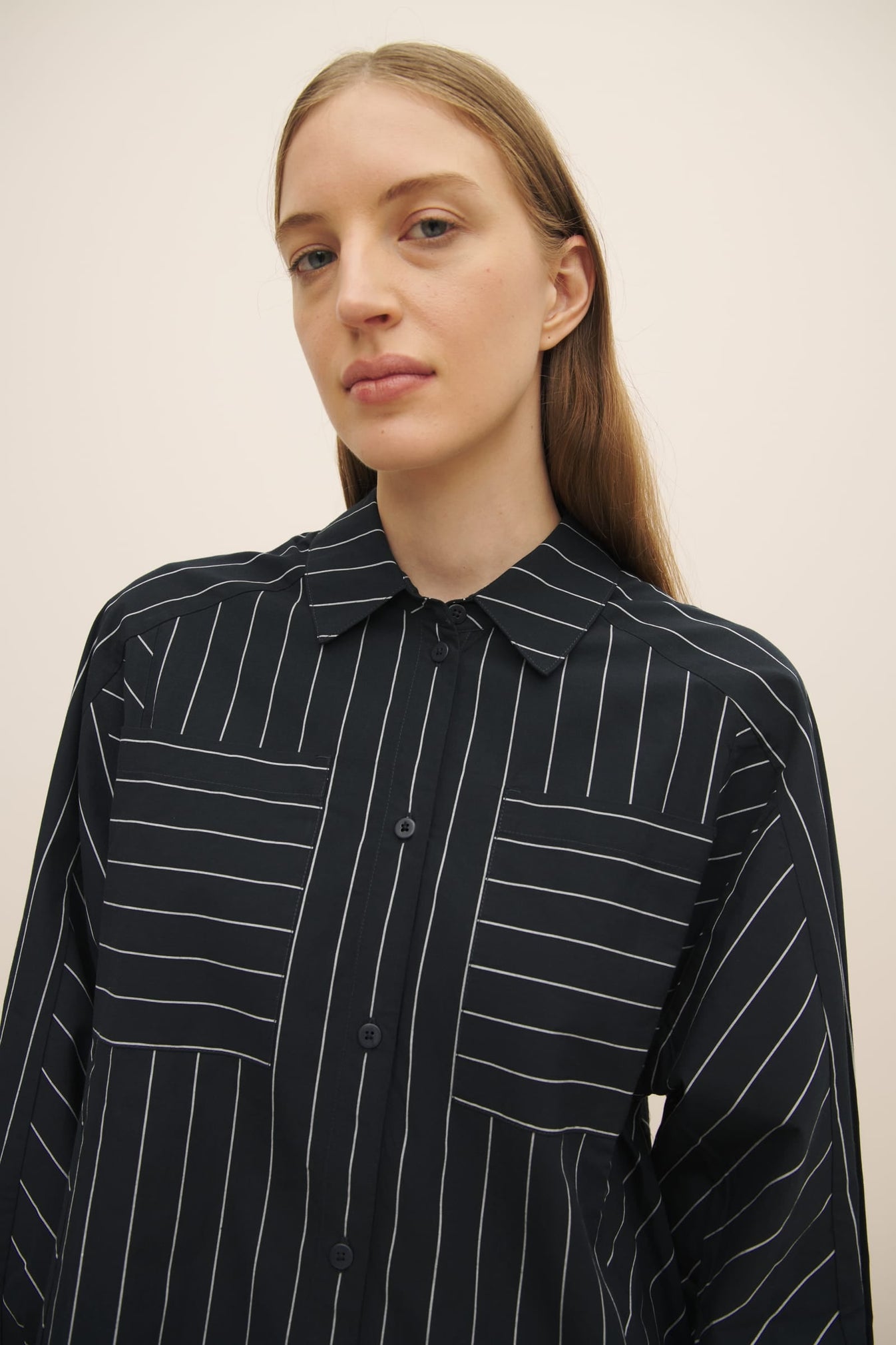 Shop Yves Shirt Dress - Navy Pinstripe | Kowtow Clothing | Kowtow Australia