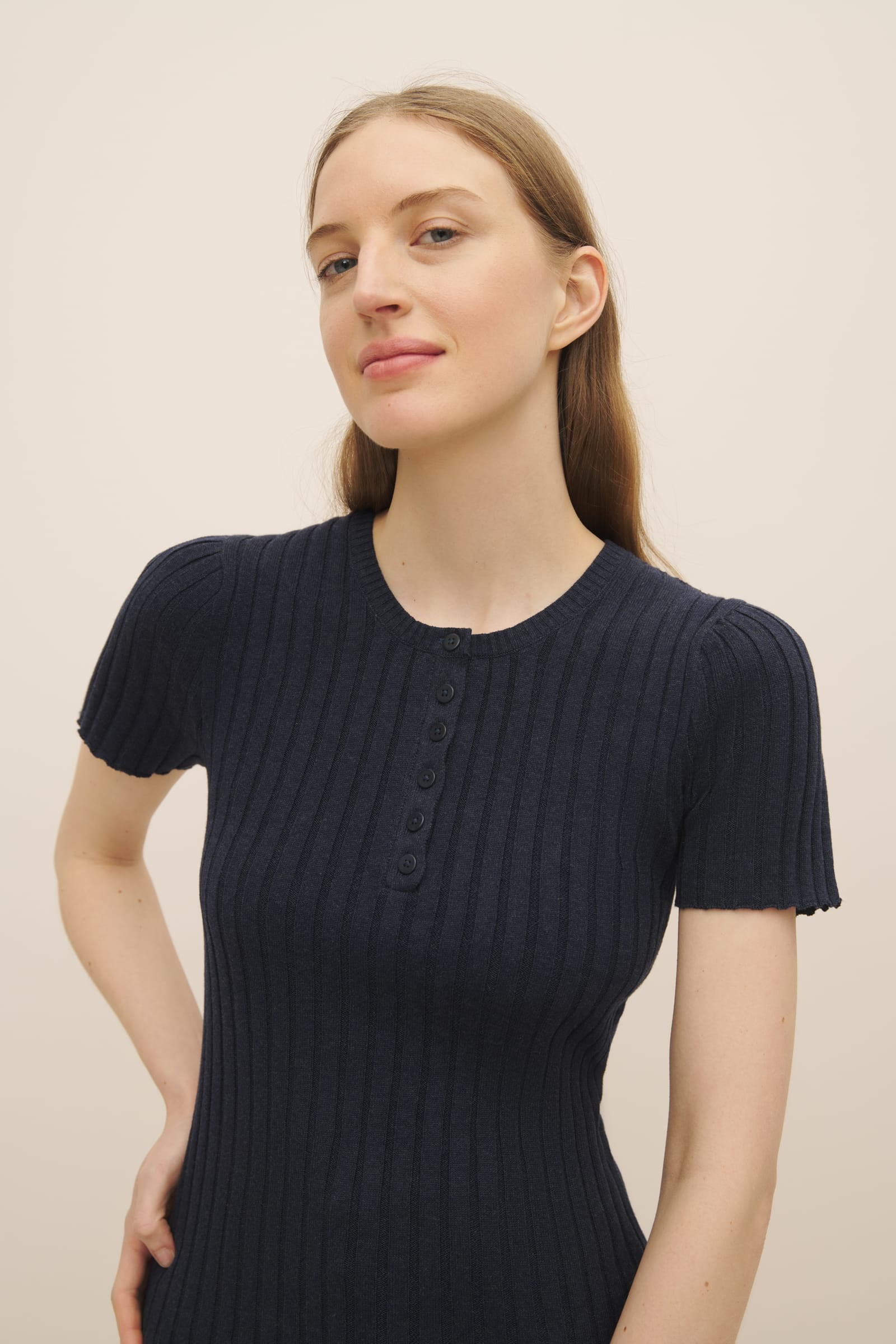 Shop Henley Knit Top Navy Marle Kowtow Clothing Kowtow Australia